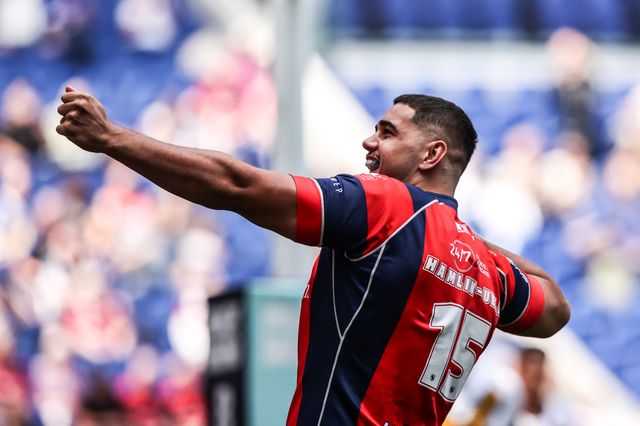 Caleb Hamlin-Uele of Wakefield Trinity celebrates his try during the Betfred Super League Magic Weekend match Wakefield Trinity vs Castleford Tigers at Hill Dickinson Stadium, Liverpool, United Kingdom on 05 July 2026

(Photo by Alfie Cosgrove/News Images)