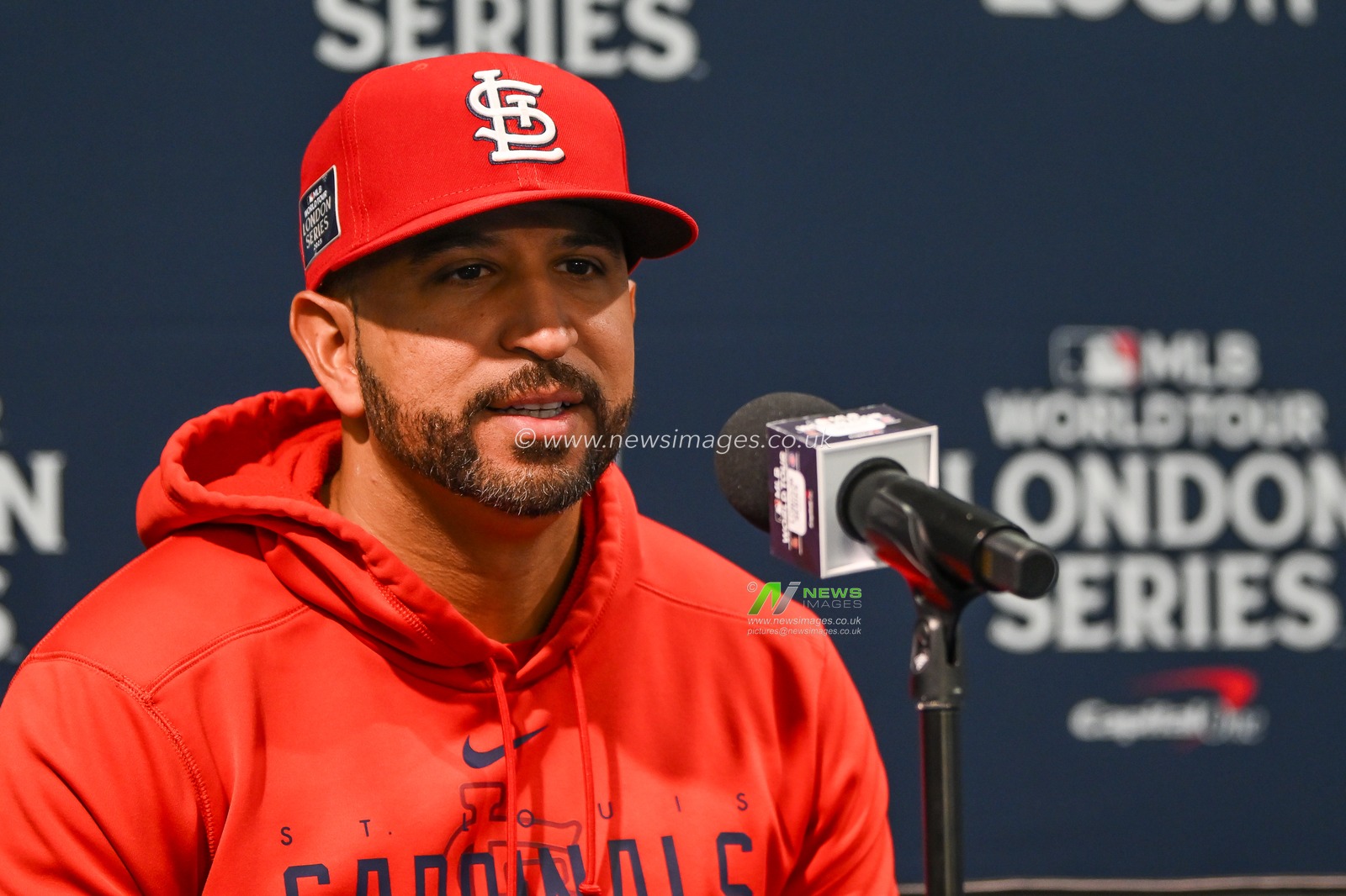 Oliver Marmol #37 Manager of the St. Louis Cardinals during the press conference ahead of the 2023 MLB London Series Workout Day for St. Louis Cardinals and Chicago Cubs at London Stadium, London, United Kingdom, 23rd June 2023

(Photo by Craig Thomas/News Images)
