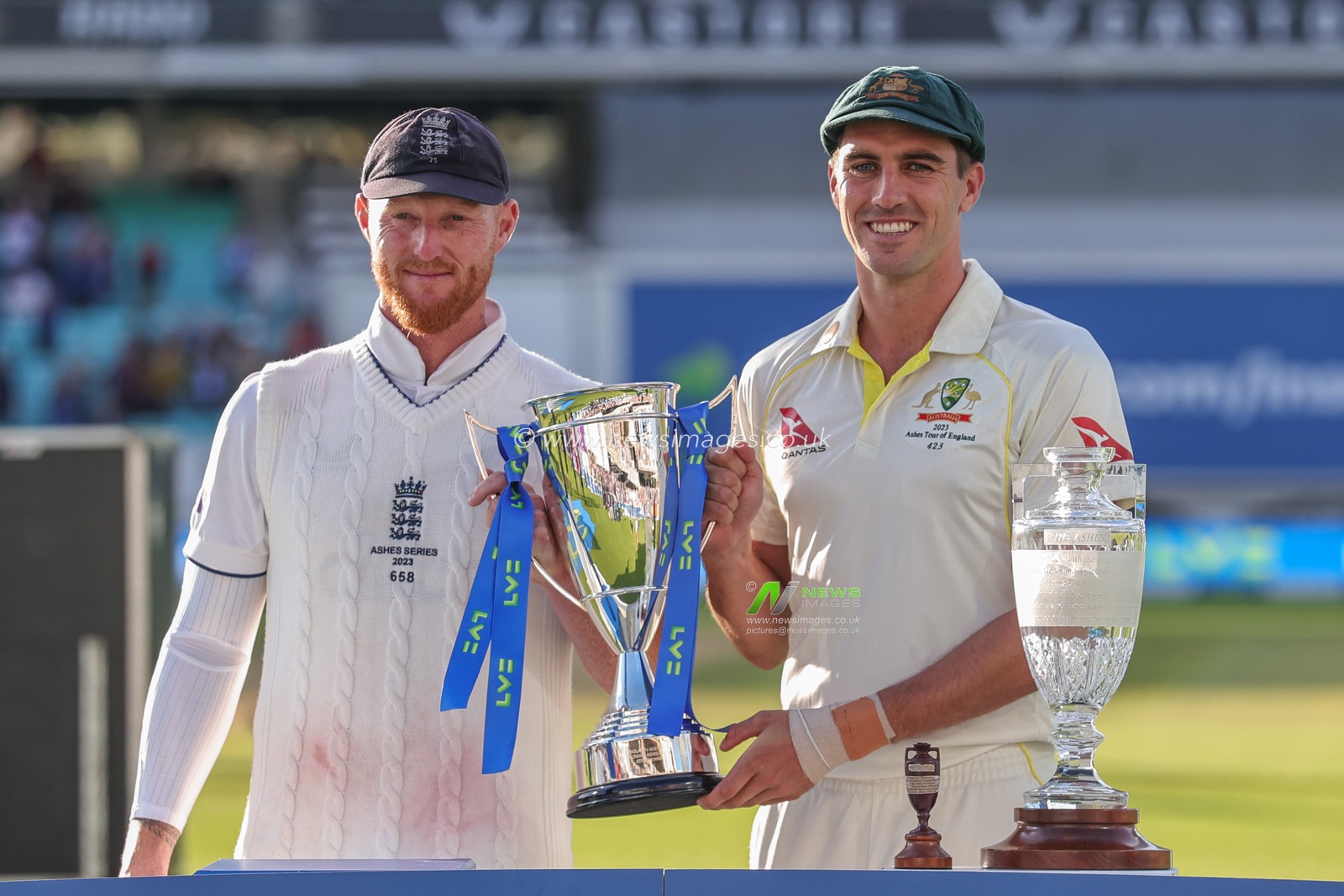 Ben Stokes of England and Pat Cummings of Australia series draw trophy lift during the LV= Insurance Ashes Fifth Test Series Day Five England v Australia at The Kia Oval, London, United Kingdom, 31st July 2023

(Photo by Mark Cosgrove/News Images)
