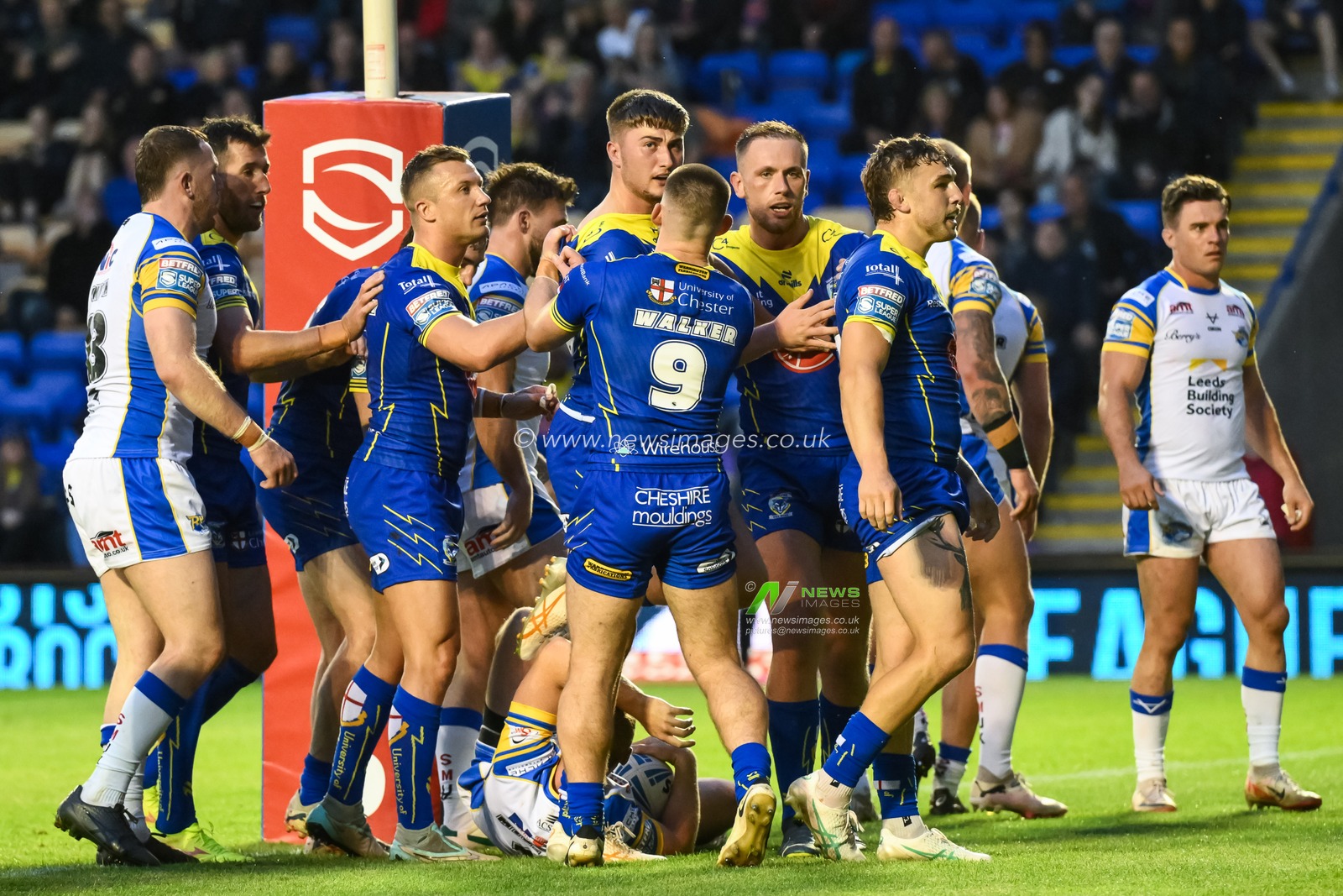 Tom Whitehead of Warrington Wolves celebrates his try during the Betfred Super League Round 17 match Warrington Wolves vs Leeds Rhinos at Halliwell Jones Stadium, Warrington, United Kingdom, 11th July 2024

(Photo by Craig Thomas/News Images)