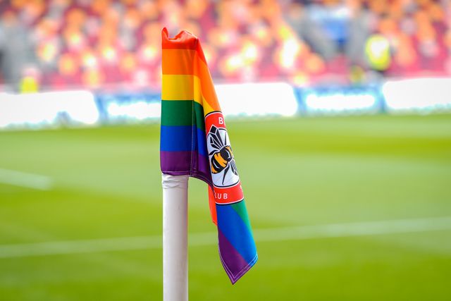A general view of the pride corner flag during the Premier League match Brentford vs Brighton & Hove Albion at GTECH Community Stadium, London, United Kingdom on 21 February 2026

(Photo by Maynard Manyowa/News Images)