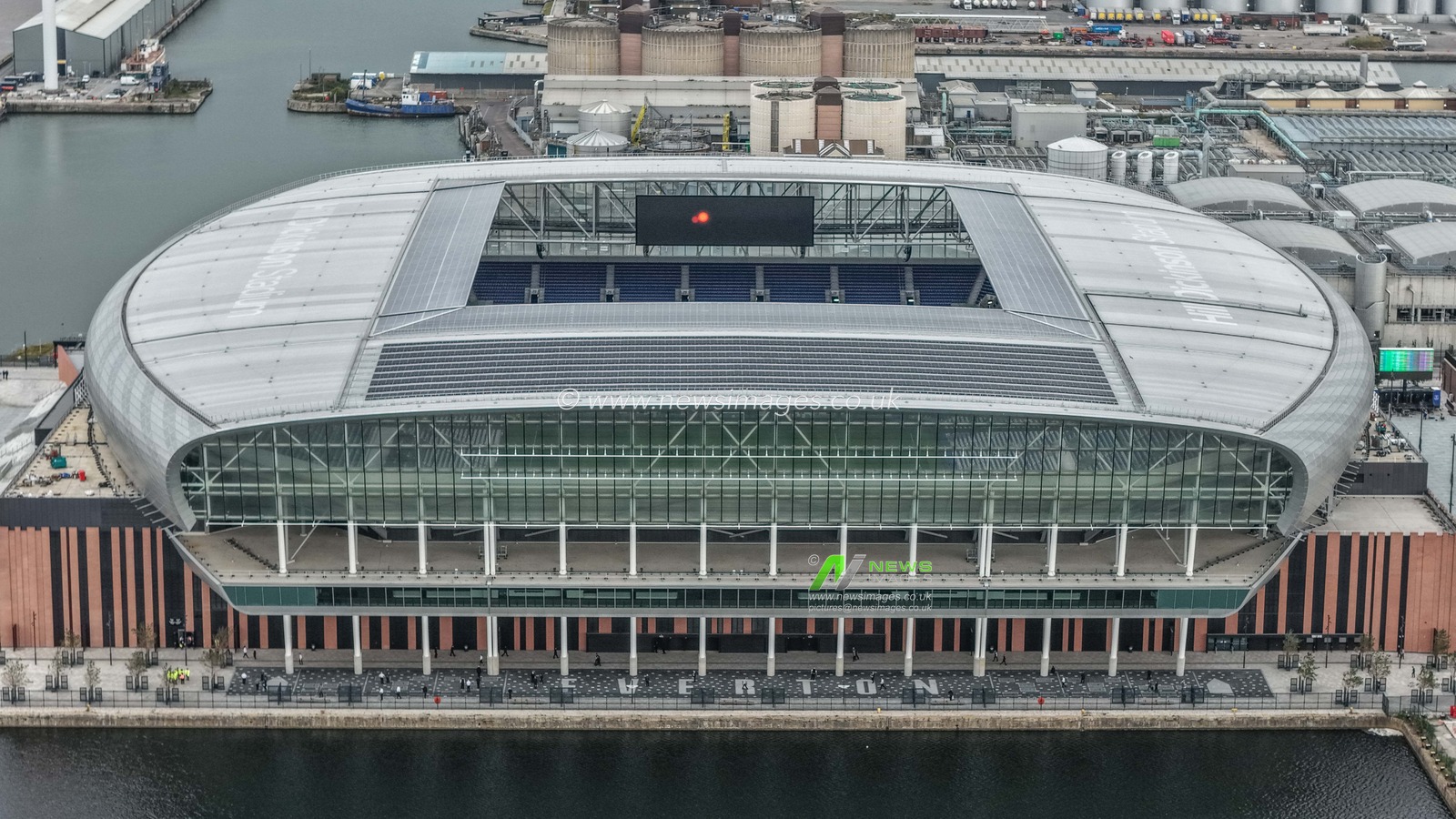 An aerial view of The Hill Dickinson Stadium during the Pre-season friendly match Everton vs A.S. Roma at Hill Dickinson Stadium, Liverpool, United Kingdom, 9th August 2025

(Photo by Mark Cosgrove/News Images)