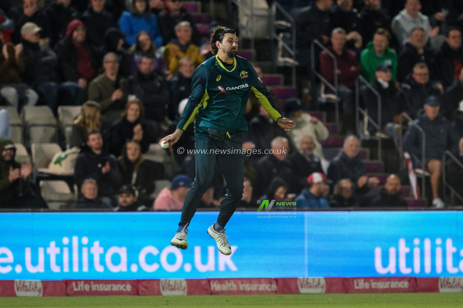 Tim David of Australia celebrates catching Jordan Cox of England during the First Vitality IT20 Series match England vs Australia at The Utilita Bowl, Southampton, United Kingdom, 11th September 2024

(Photo by Craig Thomas/News Images)