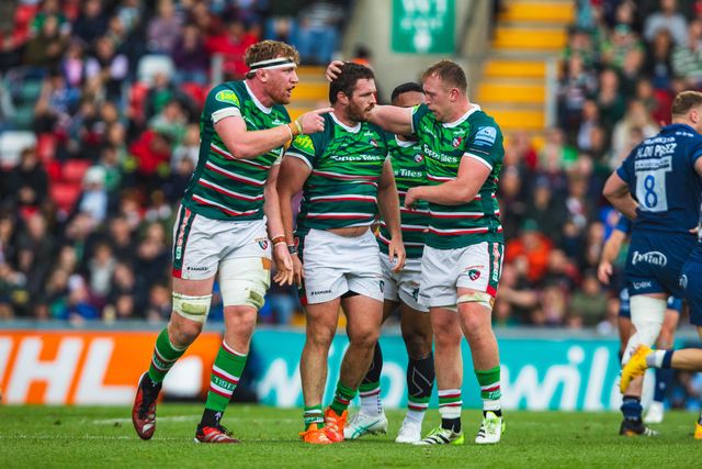 Ollie Chessum of Leicester Tigers and JuliÃ¡n Montoya of Leicester Tigers and Tommy Reffell of Leicester Tigers during the Gallagher Premiership Play-off Semi-final Leicester Tigers vs Sale Sharks at Mattioli Woods Welford Road Stadium, Leicester, United Kingdom, 7th June 2025

(Photo by Craig Evans/News Images)