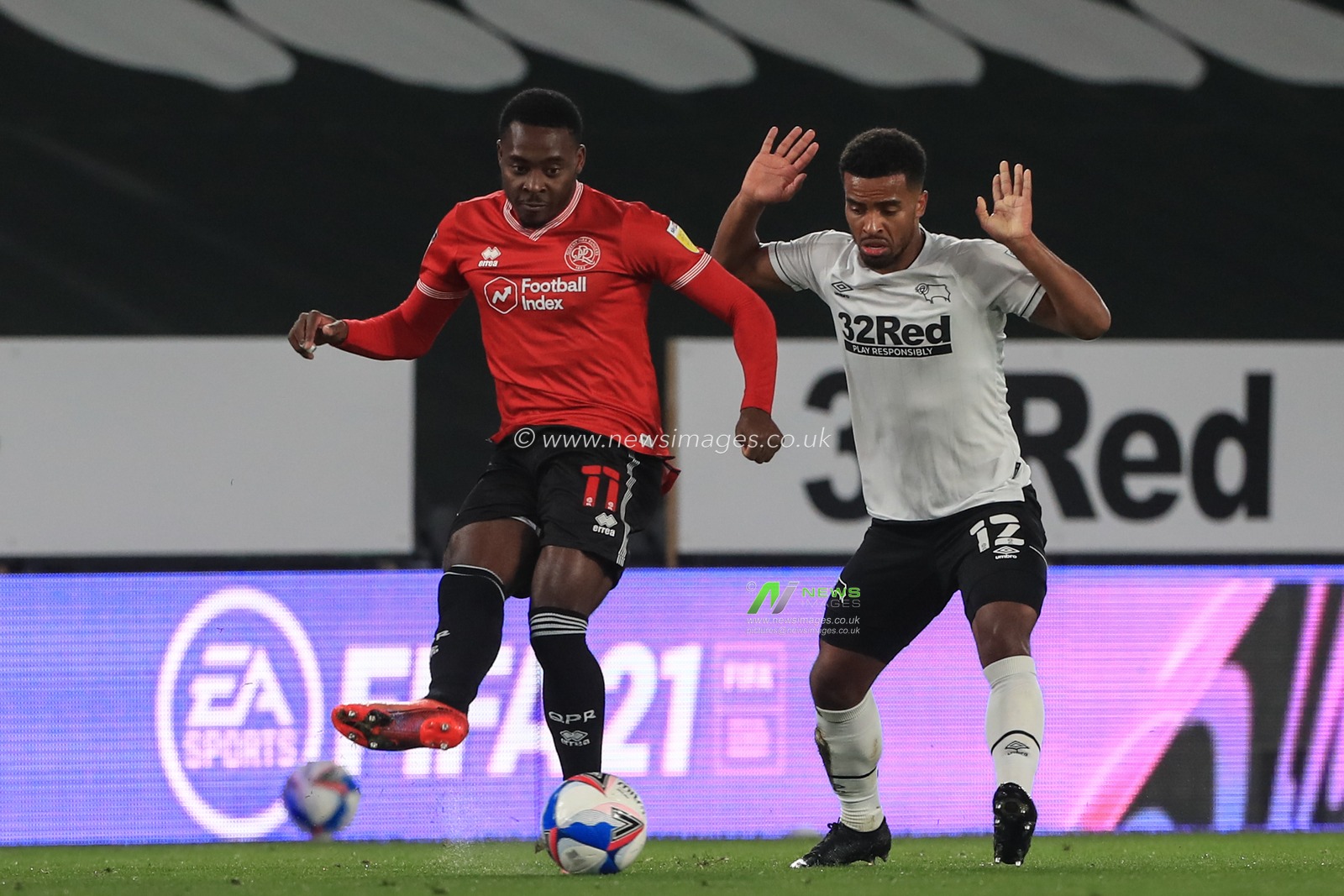 Bright Osayi-Samuel (11) of Queens Park Rangers passes the ball while under pressure from Nathan Byrne (12) of Derby County
