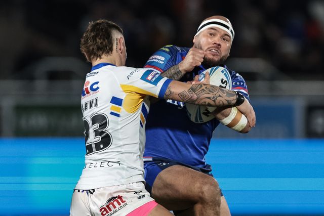 Jazz Tevaga of Wakefield Trinity is tackled by Danny Levi of Leeds Rhinos during the Betfred Challenge Cup round 4 match Wakefield Trinity vs Leeds Rhinos at DIY Kitchens Stadium, Wakefield, United Kingdom on 13 March 2026

(Photo by Mark Cosgrove/News Images)