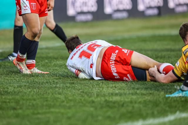 Jai Whitbread of Hull KR goes over for a try during the Betfred Super League round 15 match Castleford Tigers vs Hull KR at The Mend-A-Hose Jungle, Castleford, United Kingdom, 19th June 2025

(Photo by Alfie Cosgrove/News Images)