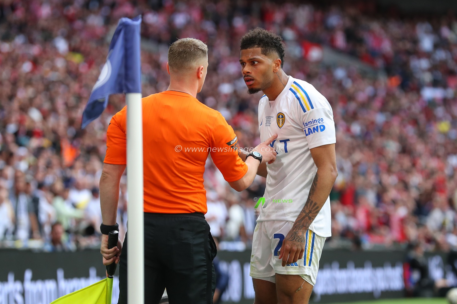 Georginio Rutter of Leeds United speaks to the linesman during the Sky Bet Championship Play-Off Final match Leeds United vs Southampton at Wembley Stadium, London, United Kingdom, 26th May 2024

(Photo by Gareth Evans/News Images)
