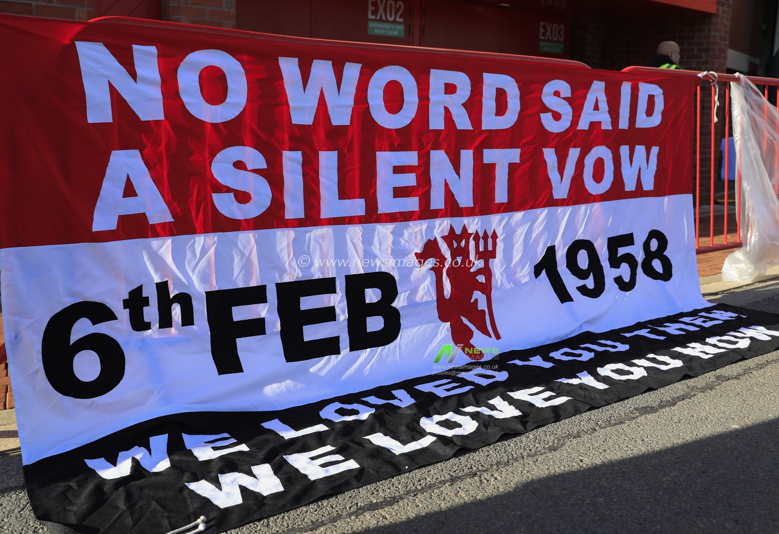 Flag commemorating the Busby Babes as Manchester United mark the 65th anniversary of the Munich Air Disaster at Old Trafford, Manchester, United Kingdom, 6th February 2023

(Photo by Conor Molloy/News Images)