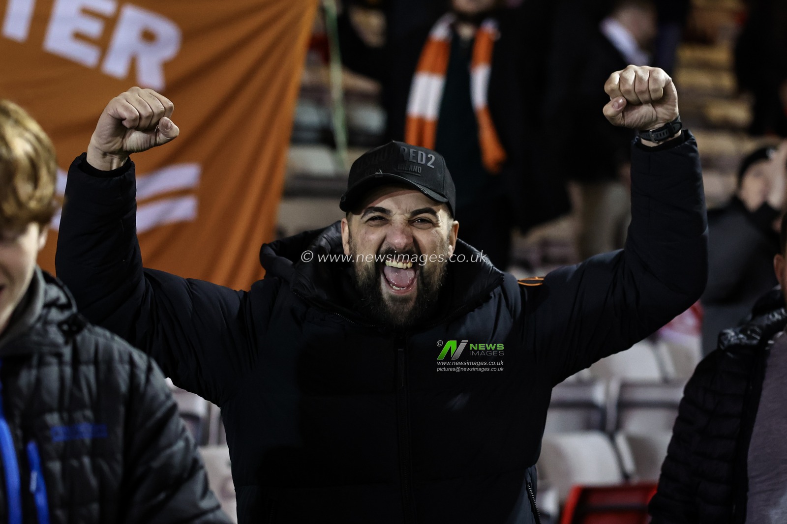 Blackpool fans celebrate their 0-2 win during the Sky Bet League 1 match Lincoln City vs Blackpool at Gelder Group Sincil Bank Stadium, Lincoln, United Kingdom, 28th January 2025

(Photo by Mark Cosgrove/News Images)