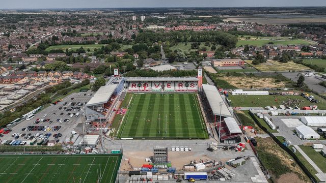 An aerial view of Sewell Group Craven Park during the Betfred Super League round 21 match Hull KR vs Castleford Tigers at Sewell Group Craven Park, Kingston upon Hull, United Kingdom, 9th August 2025

(Photo by Alfie Cosgrove/News Images)