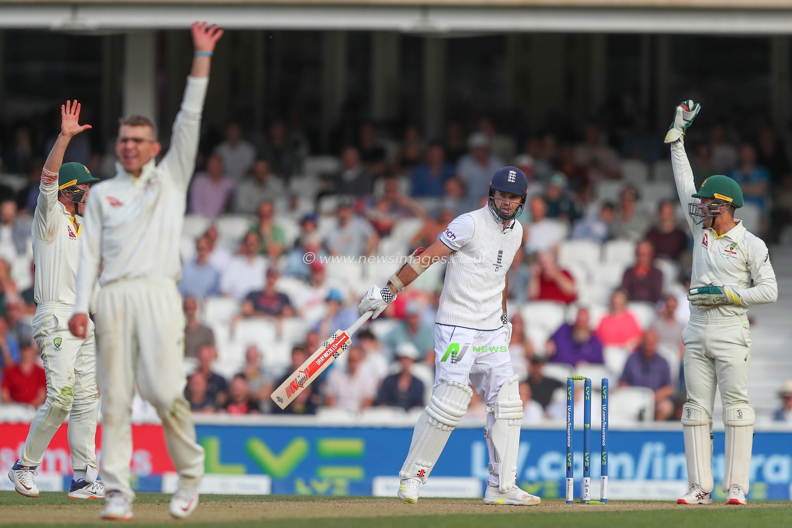 James Anderson of England looks on as Australia appeal for a wicket during the LV= Insurance Ashes Fifth Test Series Day Three match England vs Australia at The Kia Oval, London, United Kingdom, 29th July 2023

(Photo by Gareth Evans/News Images)