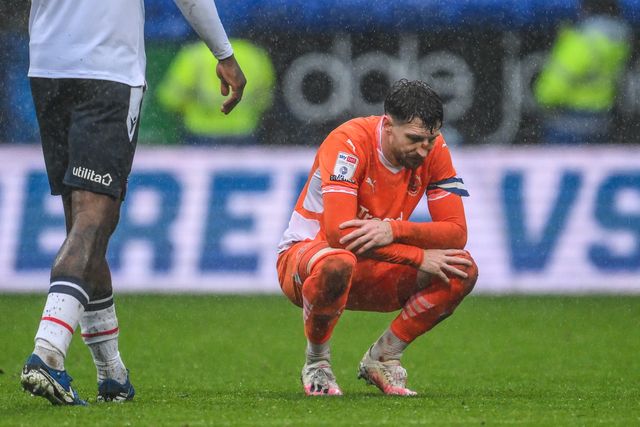 James Husband of Blackpool  is dejected as Bolton score a late winner to make the score 2-1 during the Sky Bet League 1 match Bolton Wanderers vs Blackpool at Toughsheet Community Stadium, Bolton, United Kingdom, 23rd November 2024

(Photo by Craig Thomas/News Images)