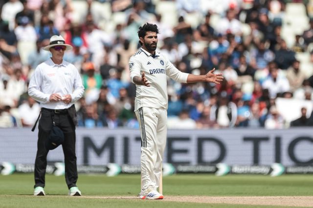 Ravindra Jadeja of India reacts after he delivers the ball during the 2nd Rothesay Test Match day 5 England v India at Edgbaston, Birmingham, United Kingdom, 6th July 2025

(Photo by Mark Cosgrove/News Images)