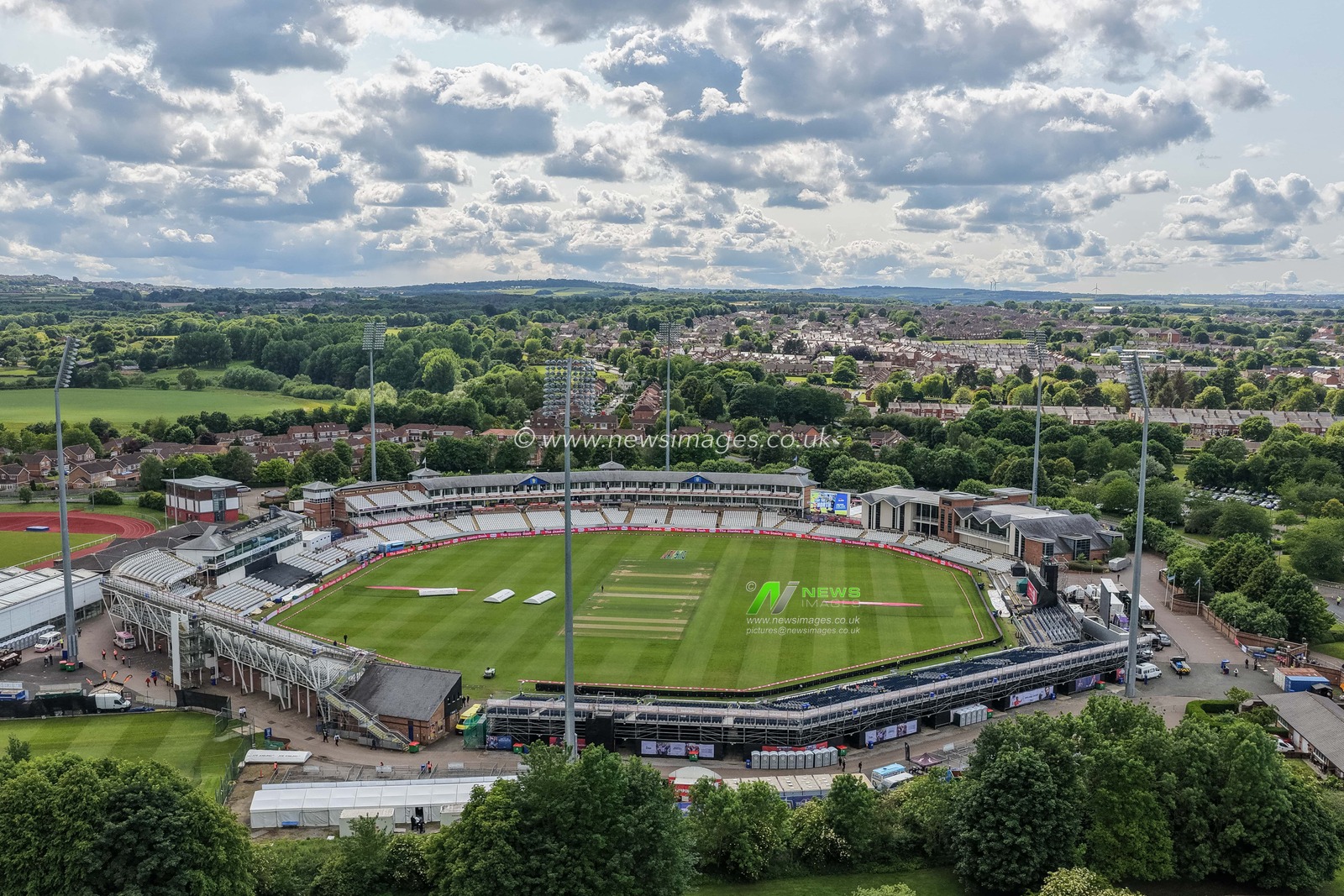 A aerial view of the Banks Homes Riverside Stadium during the 1st Vitality T20 International Series England v West Indies at Banks Homes Riverside Stadium, Chester-le-street, United Kingdom, 6th June 2025

(Photo by Mark Cosgrove/News Images)