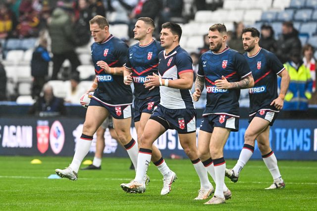 Victor Radley of England leads the line during pre match warm up ahead of the Rugby League International match England vs Tonga at John Smith's Stadium, Huddersfield, United Kingdom, 28th October 2023

(Photo by Craig Thomas/News Images)