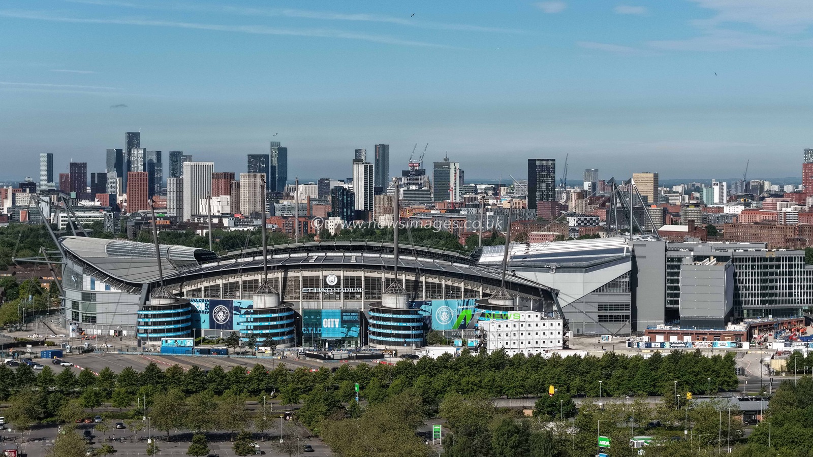 An aerial view of The Etihad Stadium and the high-rise buildings of the city of Manchester  during the Premier League match Manchester City vs Aston Villa at Etihad Stadium, Manchester, United Kingdom on 24 May 2026

(Photo by Mark Cosgrove/News Images)