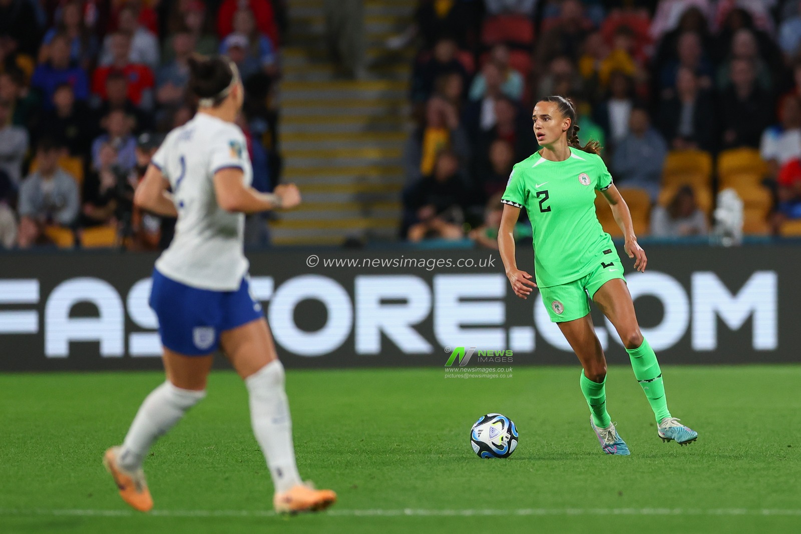 Ashleigh Plumptre #2 of Nigeria in action during the FIFA Women's World Cup 2023 match England Women vs Nigeria Women at Suncorp Stadium, Brisbane, Australia, 7th August 2023

(Photo by Patrick Hoelscher/News Images)