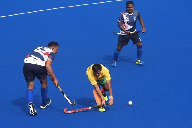Indian veteran hockey players play at a match ahead the celebrate World Olympic Day in Howrah, West Bengal ,India on June 22,2025.Photo by Debajyoti Chakraborty. World Olympic Day celebrates every year June 23.(Photo: Debajyoti Chakraborty/News Images)