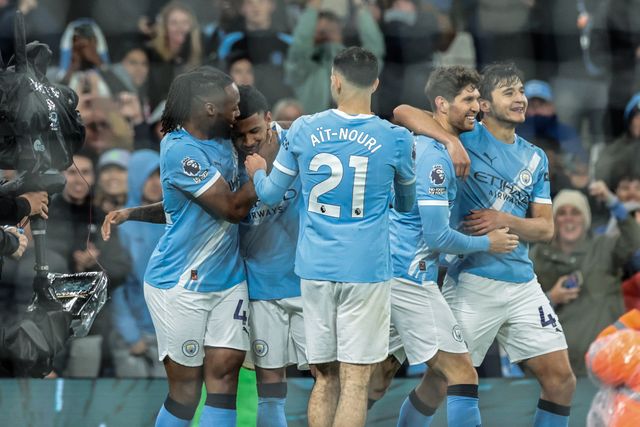 Savino of Manchester City celebrates his goal to make it 3-0 during the Premier League match Manchester City vs Crystal Palace at Etihad Stadium, Manchester, United Kingdom on 13 May 2026

(Photo by Mark Cosgrove/News Images)