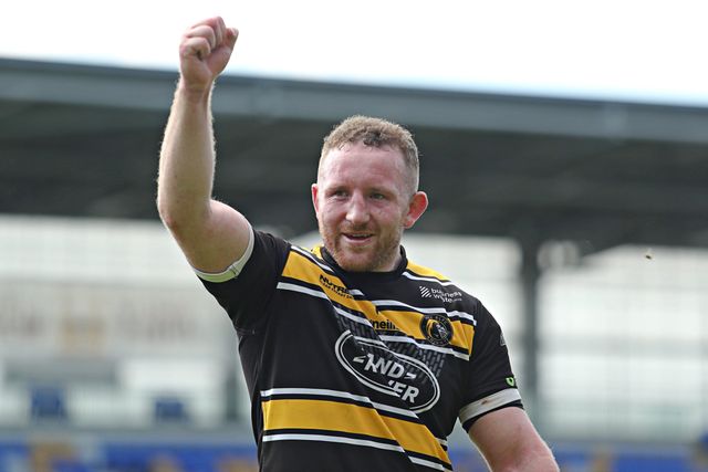 Connor Fitzsimmons of York Knights RLFC celebrates after the Betfred Championship match York City Knights vs Featherstone Rovers at LNER Community Stadium, York, United Kingdom, 29th June 2025

(Photo by Sam Eaden/News Images)