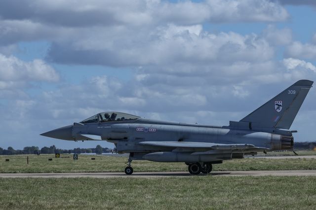 A RAF Eurofighter Typhoon FGR Mk4 taxies back to the pan during a flight training day at RAF Coningsby, Coningsby, United Kingdom, 22nd September 2025

(Photo by Mark Cosgrove/News Images)