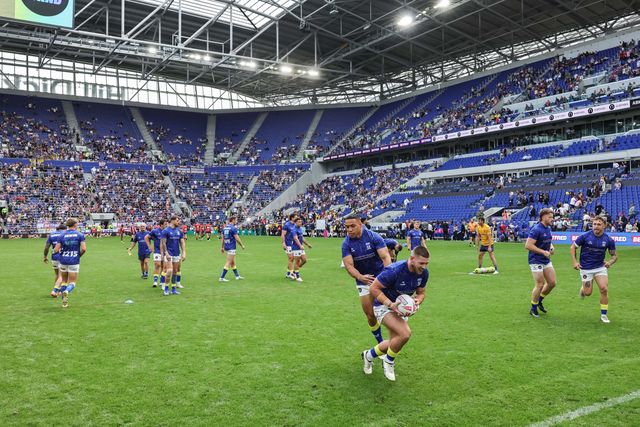 Warrington players in the pre-game warm up during the Betfred Super League Magic Weekend match Leigh Leopards vs Warrington Wolves at Hill Dickinson Stadium, Liverpool, United Kingdom on 04 July 2026

(Photo by Mark Cosgrove/News Images)