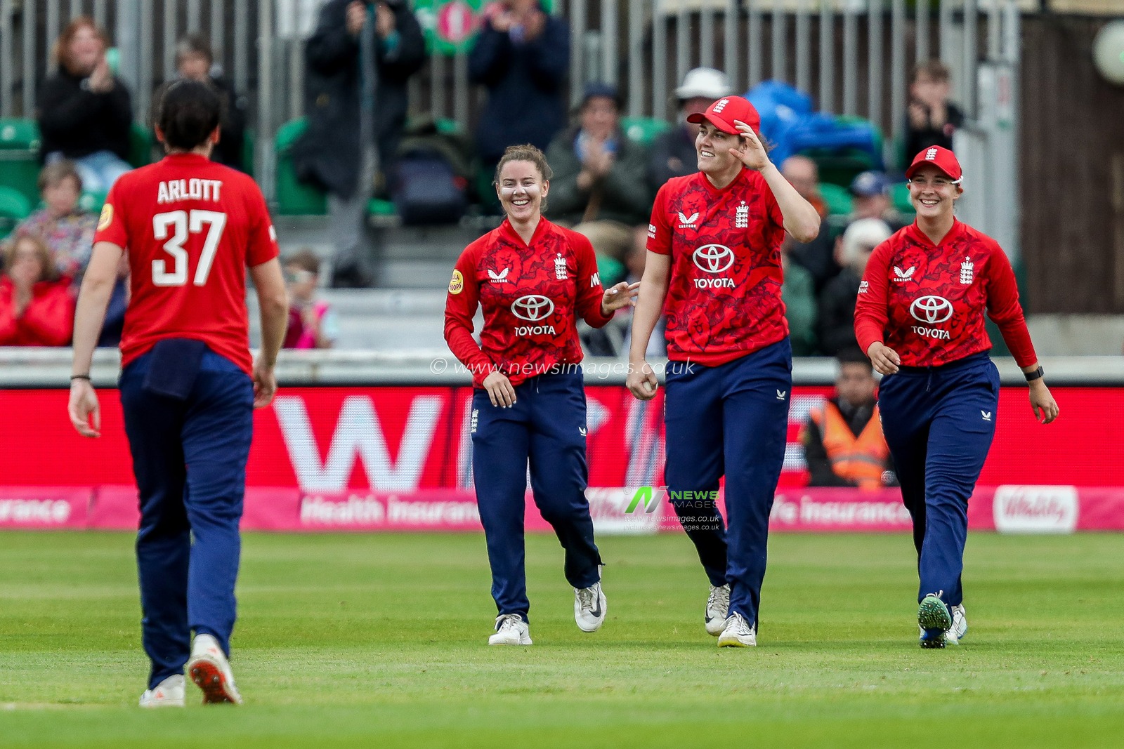 England Women celebrate after the dismissal of Jannillea Glasgow of West Indies Women  during the 3rd Vitality IT20 Series match England Women vs West Indies Women at The Cloud County Ground, Chelmsford, United Kingdom, 26th May 2025

(Photo by Izzy Poles/News Images)