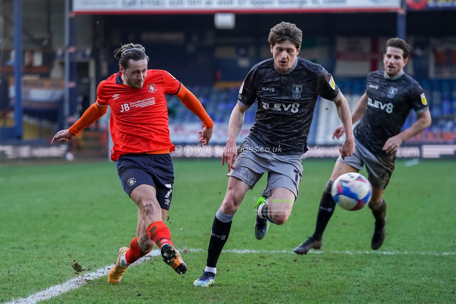 Harry Cornick #7 of Luton Town crosses the ball in for Elijah Adebayo #29 of Luton Town to score. Luton beat Sheffield Wednesday 3:2