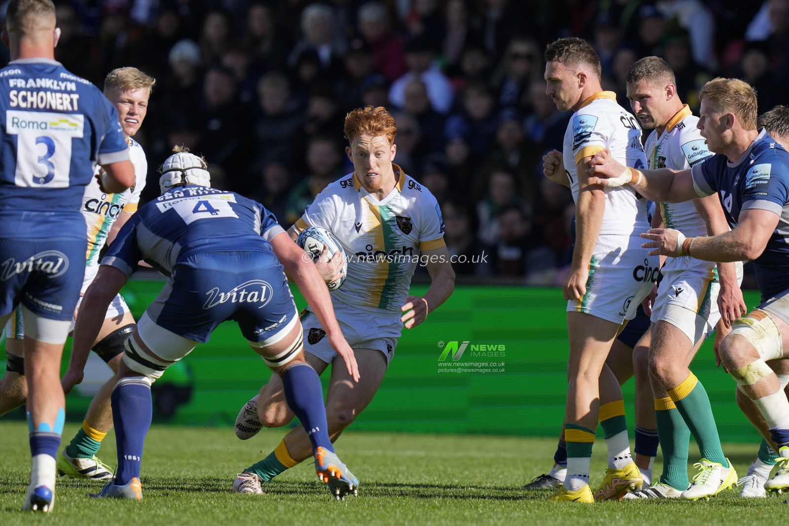 George Hendy #15 of Northampton Saints spots a gap during the Gallagher Premiership match Sale Sharks vs Northampton Saints at AJ Bell Stadium, Eccles, United Kingdom, 15th October 2023

(Photo by Steve Flynn/News Images)
