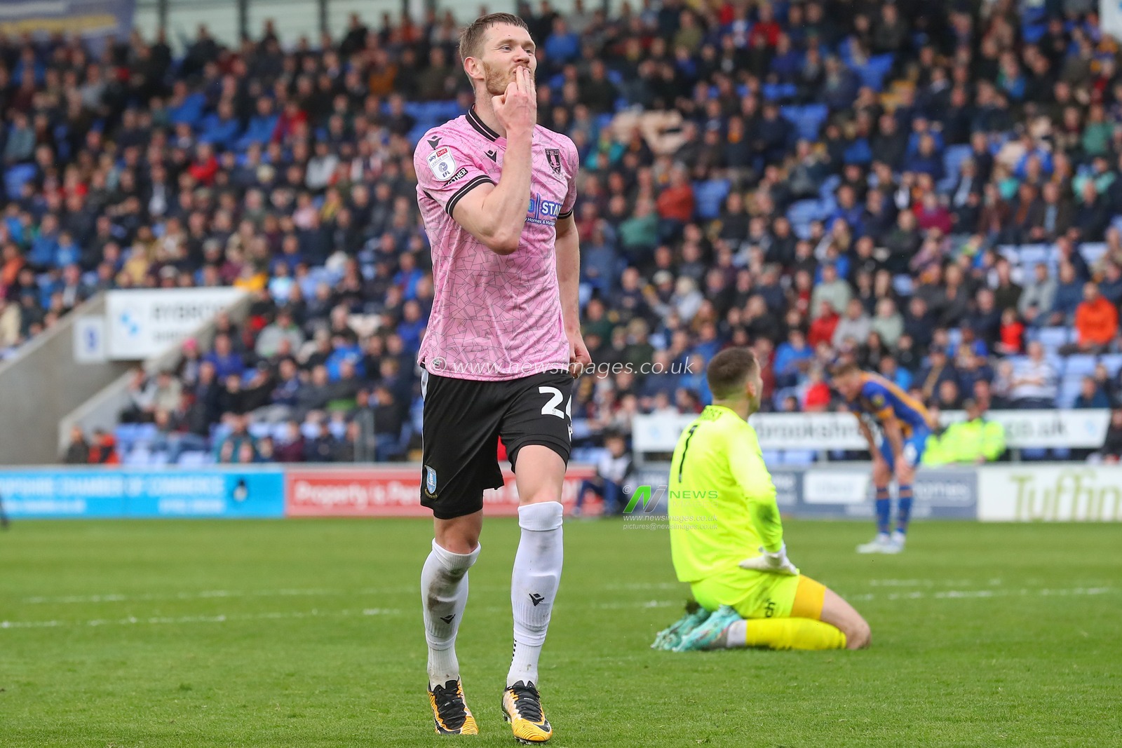 Michael Smith #24 of Sheffield Wednesday celebrates his goal to make it 0-3 during the Sky Bet League 1 match Shrewsbury Town vs Sheffield Wednesday at Greenhous Meadow, Shrewsbury, United Kingdom, 29th April 2023

(Photo by Gareth Evans/News Images)