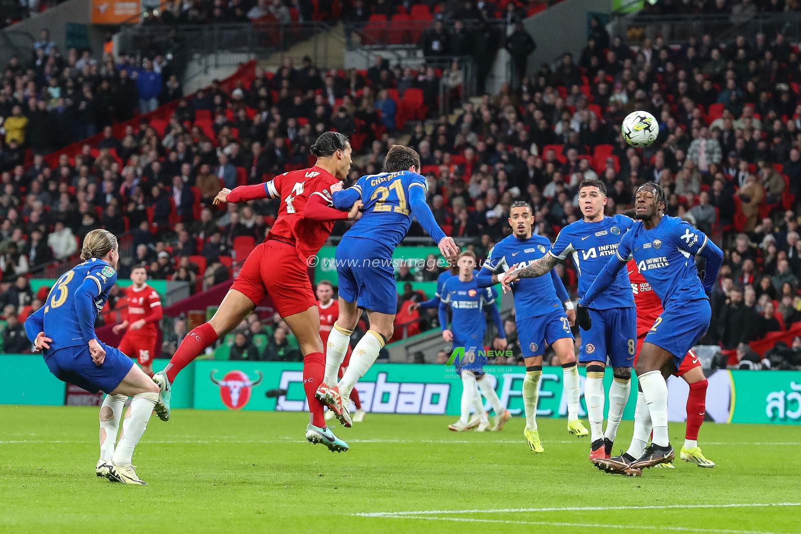 Virgil van Dijk of Liverpool scores to make it 0-1 during the Carabao Cup Final match Chelsea vs Liverpool at Wembley Stadium, London, United Kingdom, 25th February 2024

(Photo by Gareth Evans/News Images)