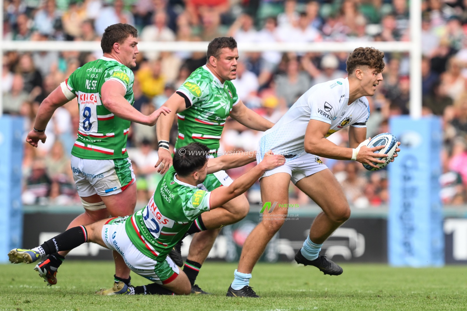 Zack Wimbush of Exeter Chiefs is tackled by Kieran Wilkinson of Leicester Tigers during the Gallagher Premiership match Leicester Tigers vs Exeter Chiefs at Mattioli Woods Welford Road, Leicester, United Kingdom, 18th May 2024

(Photo by Craig Thomas/News Images)