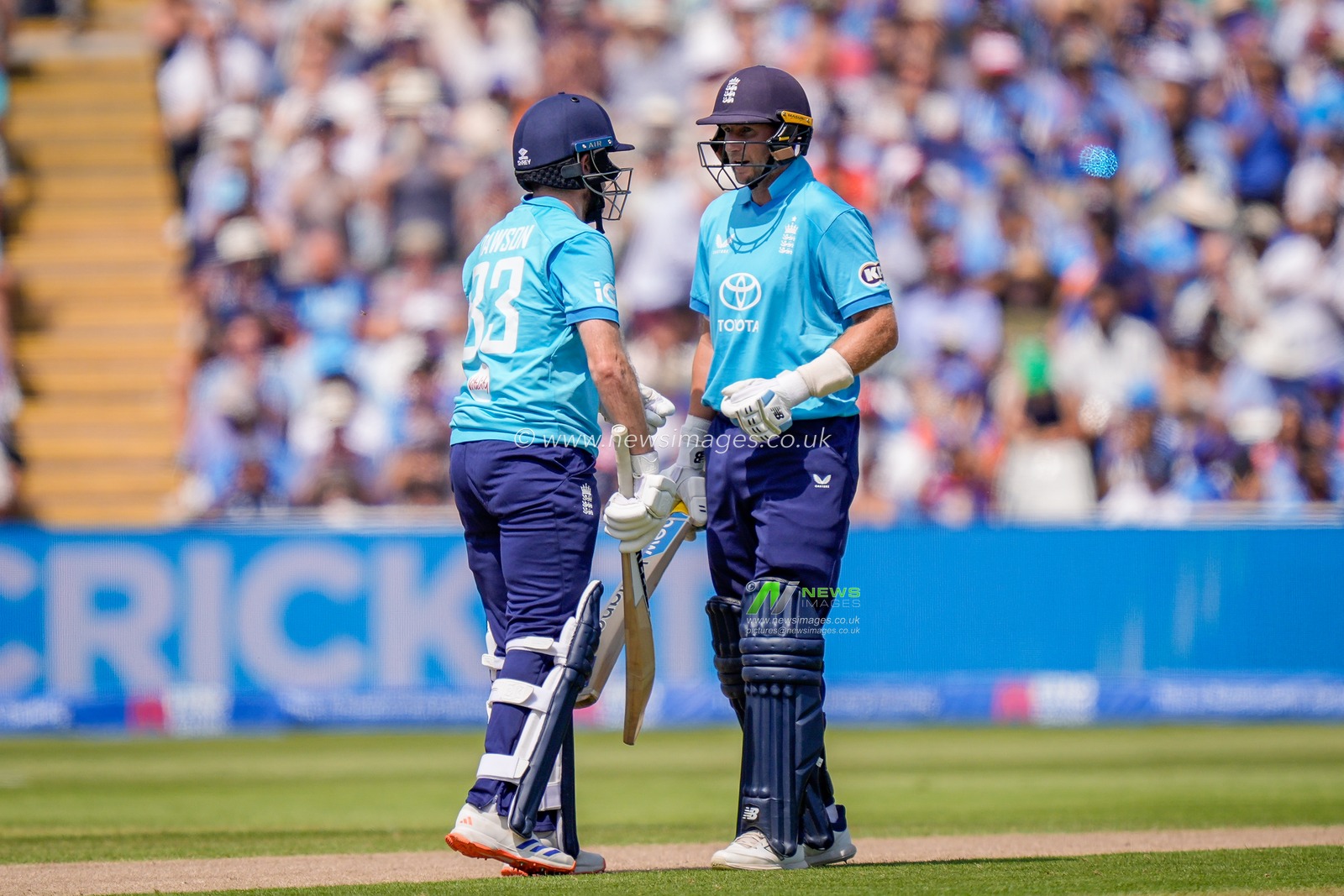 Liam Dawson of England celebrates a half century with Joe Root of England  during the 1st Metro Bank ODI match England vs India at Edgbaston, Birmingham, United Kingdom on 14 July 2026

(Photo by Maynard Manyowa/News Images)
