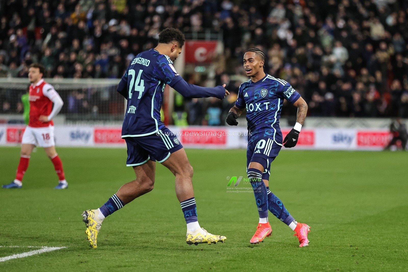 Crysencio Summerville #10 of Leeds United celebrates his goal to make it 0-1 with Georginio Rutter #24 of Leeds United during the Sky Bet Championship match Rotherham United vs Leeds United at New York Stadium, Rotherham, United Kingdom, 24th November 2023

(Photo by Mark Cosgrove/News Images)