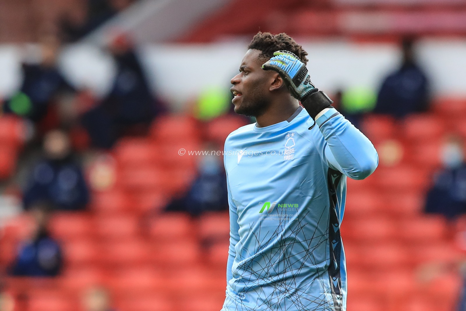 Brice Samba #30 of Nottingham Forest gives his team instructions