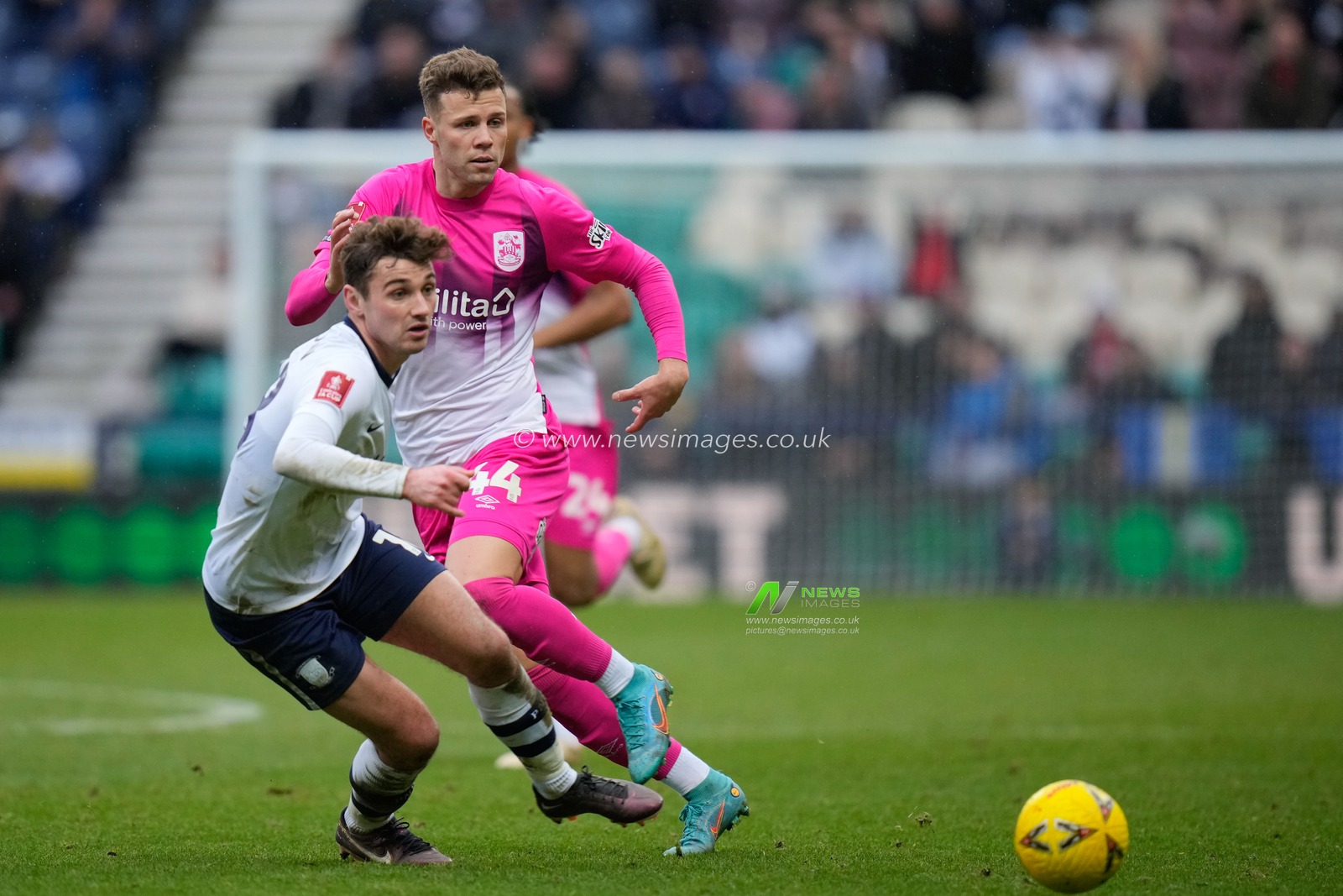 Florian Kamberi #44 of Huddersfield Town flicks the ball past Andrew Hughes #16 of Preston North End during the Emirates FA Cup Third Round match Preston North End vs Huddersfield Town at Deepdale, Preston, United Kingdom, 7th January 2023

(Photo by Steve Flynn/News Images)