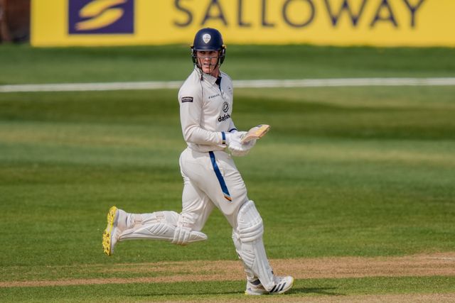 Luis Reece  takes a run during the County Championship Division Two Derbyshire v Gloucestershire at The Central Co-Op County Ground, Derby, United Kingdom on 26 April 2026

(Photo by Maynard Manyowa/News Images)