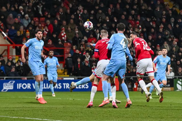 Jay Rodriguez of Wrexham heads on goal during the Sky Bet League 1 match Wrexham vs Leyton Orient at SToK Cae Ras, Wrexham, United Kingdom, 18th February 2025

(Photo by Craig Thomas/News Images)