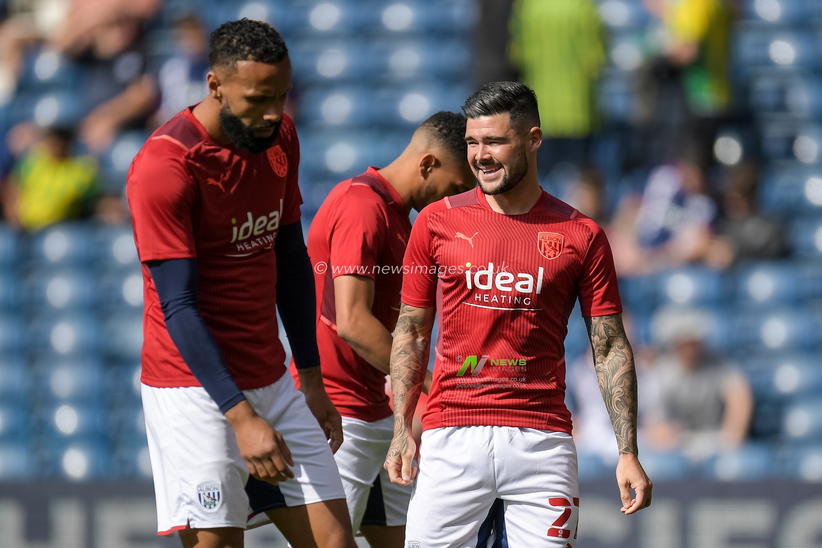Alex Mowatt #27 of West Bromwich Albion and Kyle Bartley #5 of West Bromwich Albion during warm up before kick off at The Hawthorns