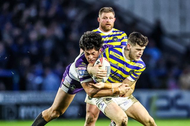 Josh Thewlis of Warrington Wolves is tackled by Isaiah Vagana of Wakefield Trinity during the Betfred Super League Round 3 match Warrington Wolves vs Wakefield Trinity at The Halliwell Jones Stadium, Warrington, United Kingdom on 28 February 2026

(Photo by Alfie Cosgrove/News Images)