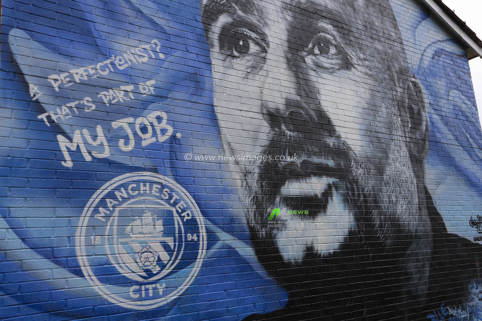 Pep Guardiola mural on the end of a house opposite the stadium ahead of the Premier League match Manchester City vs Chelsea at Etihad Stadium, Manchester, United Kingdom, 17th February 2024

(Photo by Conor Molloy/News Images)