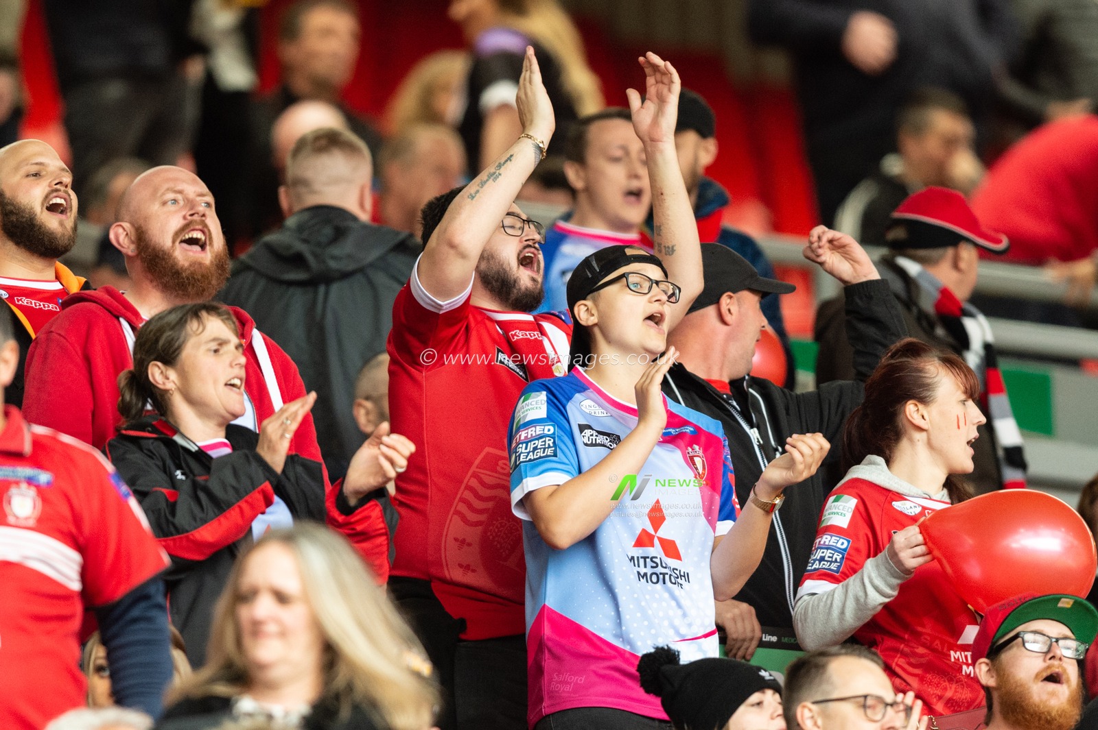 26th May 2019 , Anfield Stadium, Liverpool, England; Dacia Magic Weekend, Betfred Super League Round 16, Salford Red Devils vs Hull KR ; Salford Fans enjoying the pre match atmosphere

Credit: Richard Long/News Images