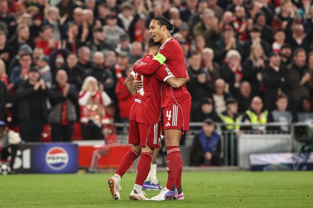 Mohamed Salah of Liverpool celebrates his goal to make it 4-0 with Virgil van Dijk of Liverpool and notches up his 50th Champions League goal during the UEFA Champions League last 16 second leg match Liverpool vs Galatasaray at Anfield, Liverpool, United Kingdom on 18 March 2026

(Photo by Alfie Cosgrove/News Images)