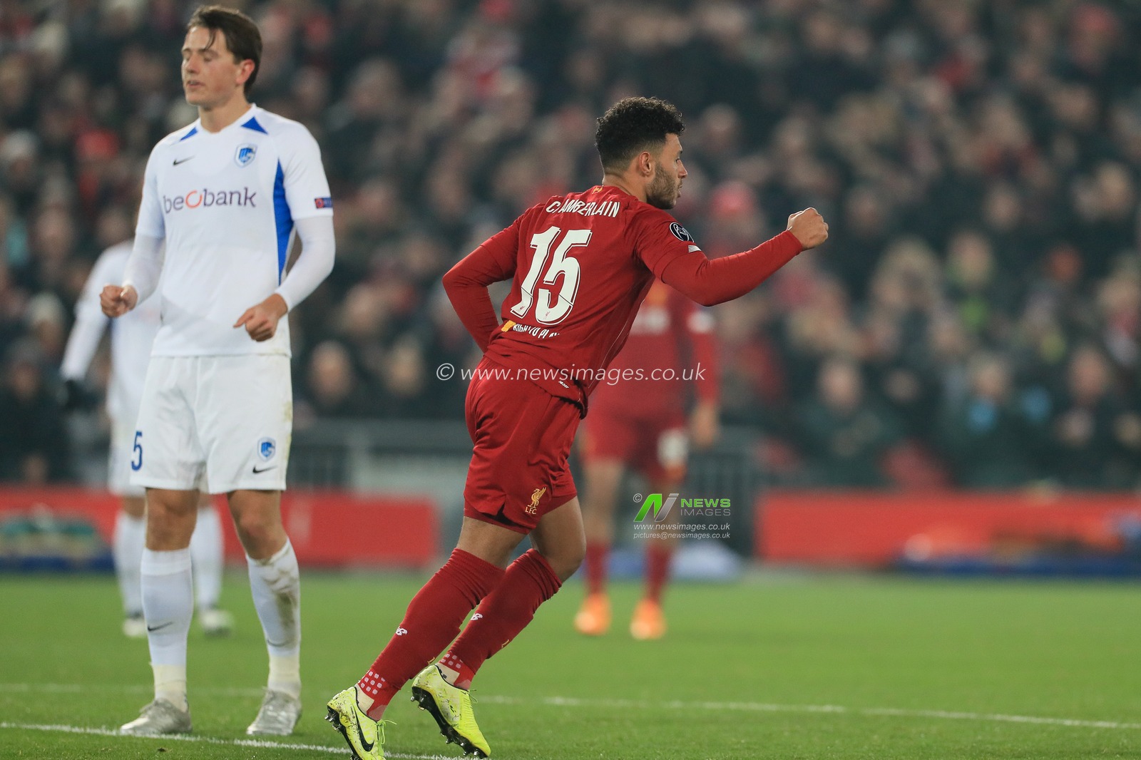 5th November 2019, Anfield, Liverpool, England; UEFA Champions League, Liverpool v KRC Genk : Alex Oxlade-Chamberlain (15) of Liverpool celebrates after scoring a goal to make it 2-1 

Credit: Mark Cosgrove/News Images