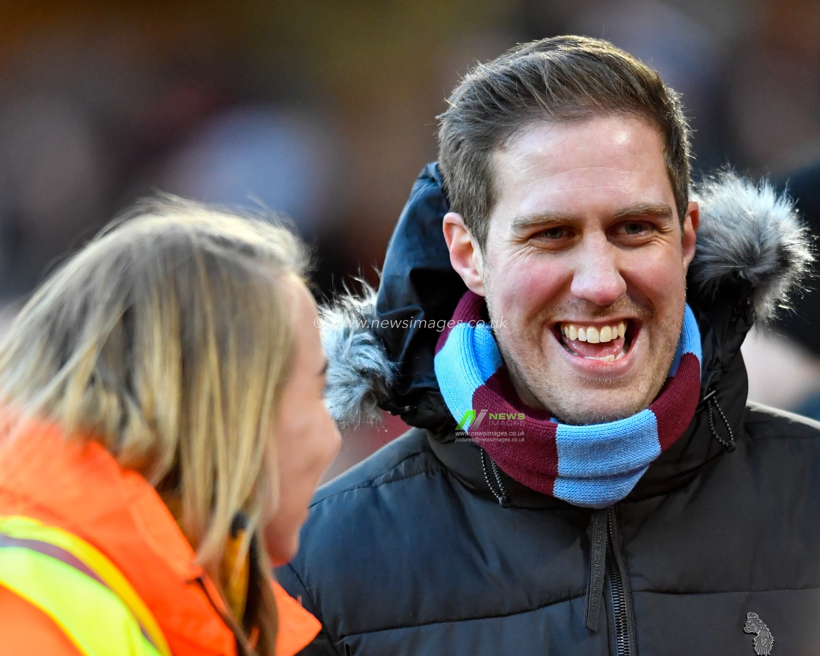 14th December 2019, Bramall Lane, Sheffield, England; Premier League, Sheffield United v Aston Villa : An Aston Villa fan shares a joke with a steward

Credit: Simon Whitehead/News Images