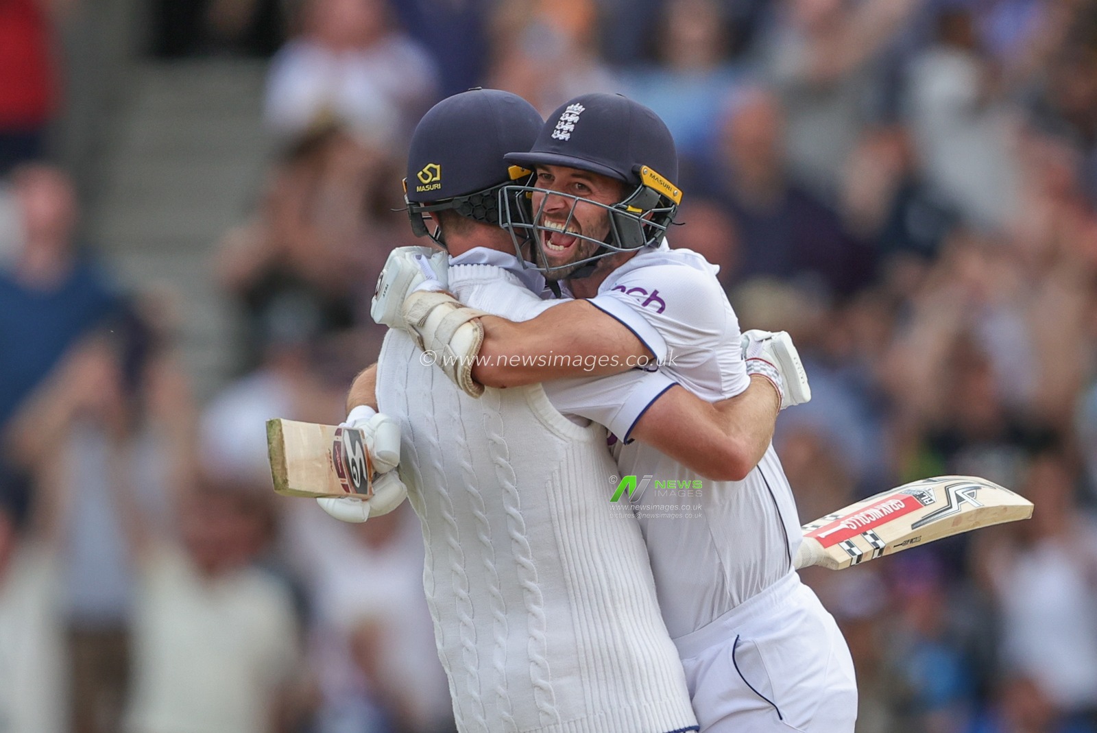Chris Woakes of England and Mark Wood of England celebrate the win during the LV= Insurance Ashes Third Test Series Day 4 England vs Australia at Headingley Stadium, Leeds, United Kingdom, 9th July 2023

(Photo by Mark Cosgrove/News Images)