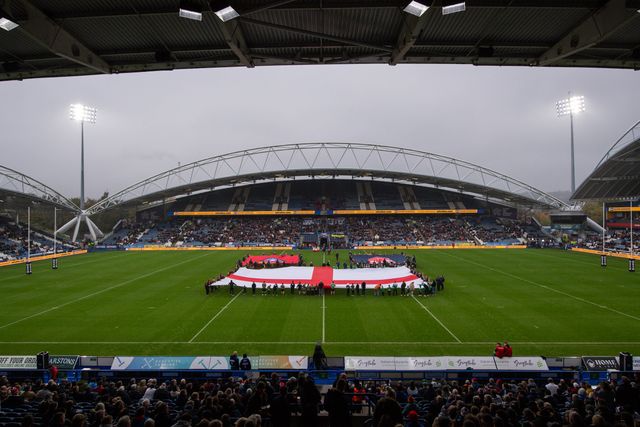 General view of John Smith's Stadium, venue for todayâ€™s game during the National Anthems ahead of Rugby League International match England vs Tonga at John Smith's Stadium, Huddersfield, United Kingdom, 28th October 2023

(Photo by Craig Thomas/News Images)