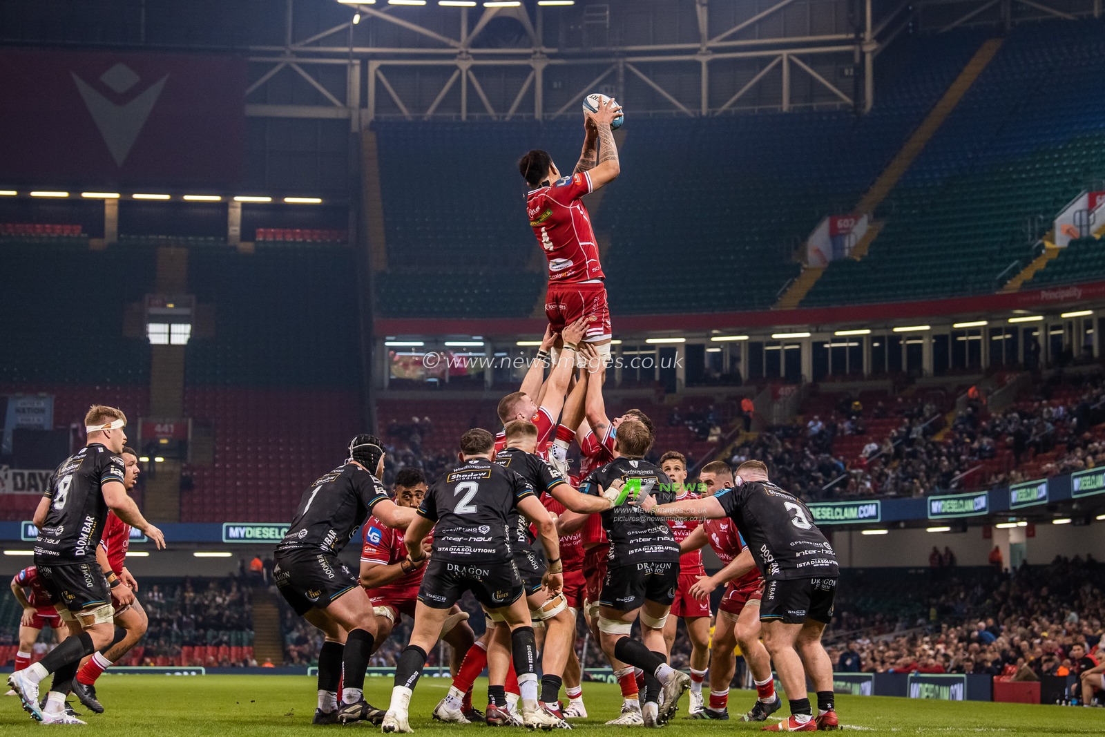 Vaea Fifita of Scarlets claims the line out during the United Rugby Championship match Dragons Rugby vs Llanelli Scarlets at Principality Stadium, Cardiff, United Kingdom, 22nd April 2023

(Photo by Craig Thomas/News Images)