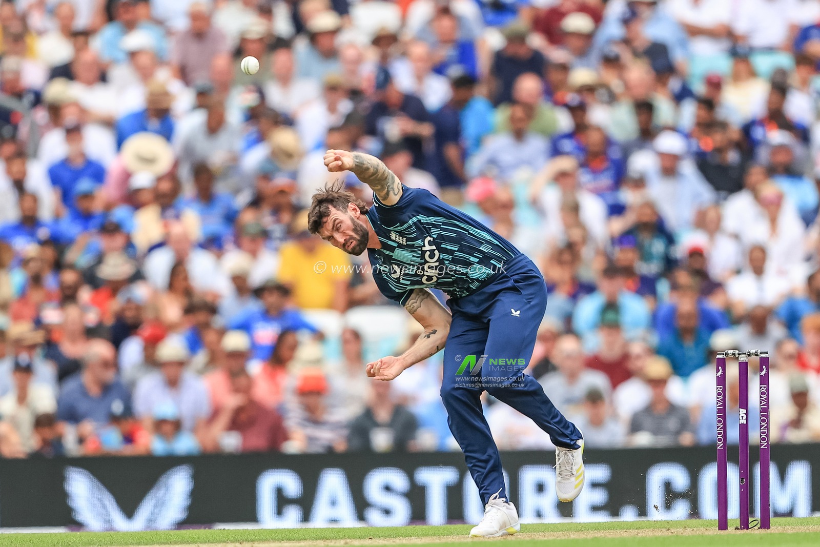 Reece Topley of England delivers the ball